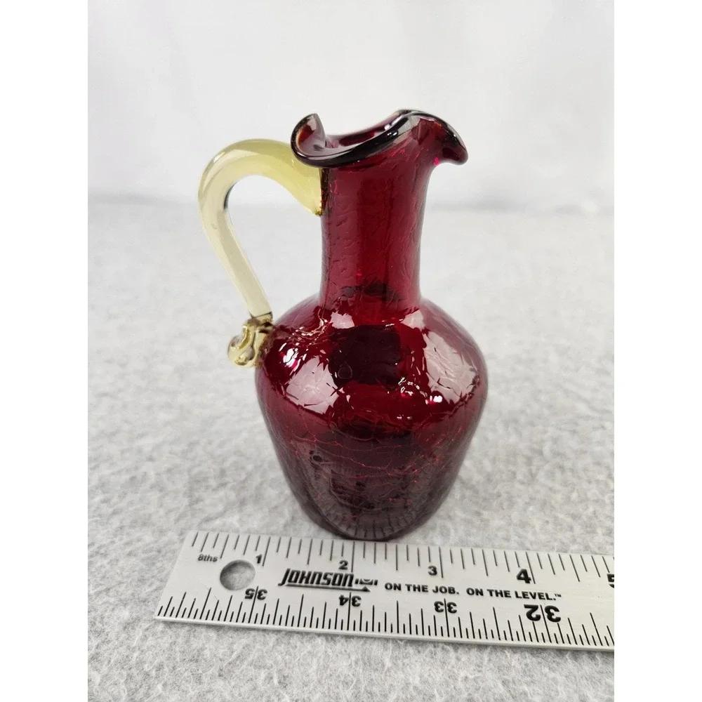 Vtg Pilgrim Handmade Crackle Ruby Red‎ Glass Gold Handled Pitcher Vase Sticker